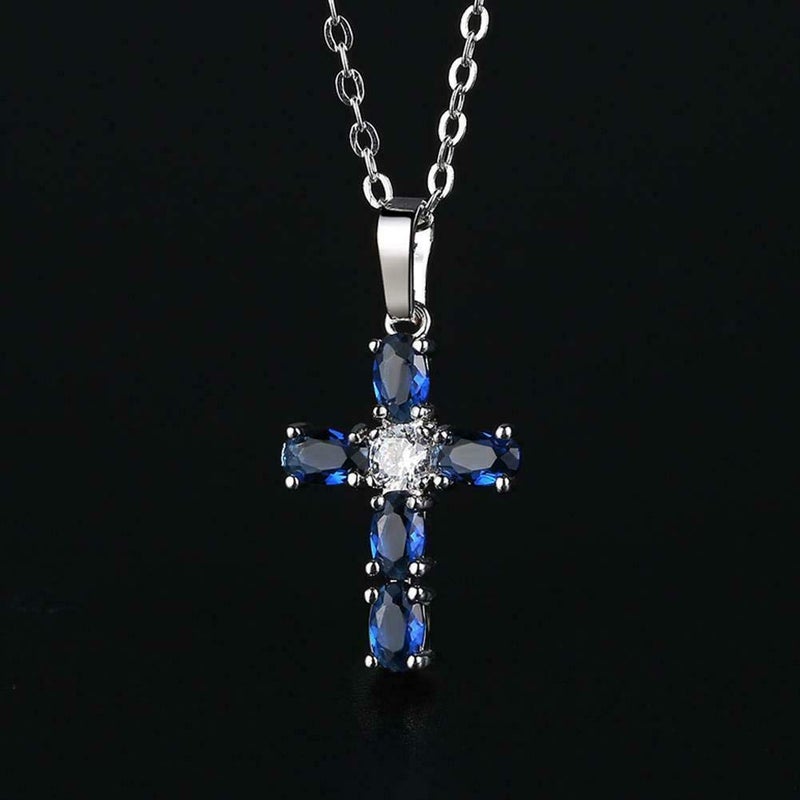 CiNily Created Sapphire and Crystal Cross Pendant Necklace Silver Plated Cross Crucifix Pendant Necklace Jewelry for Women - Image 3